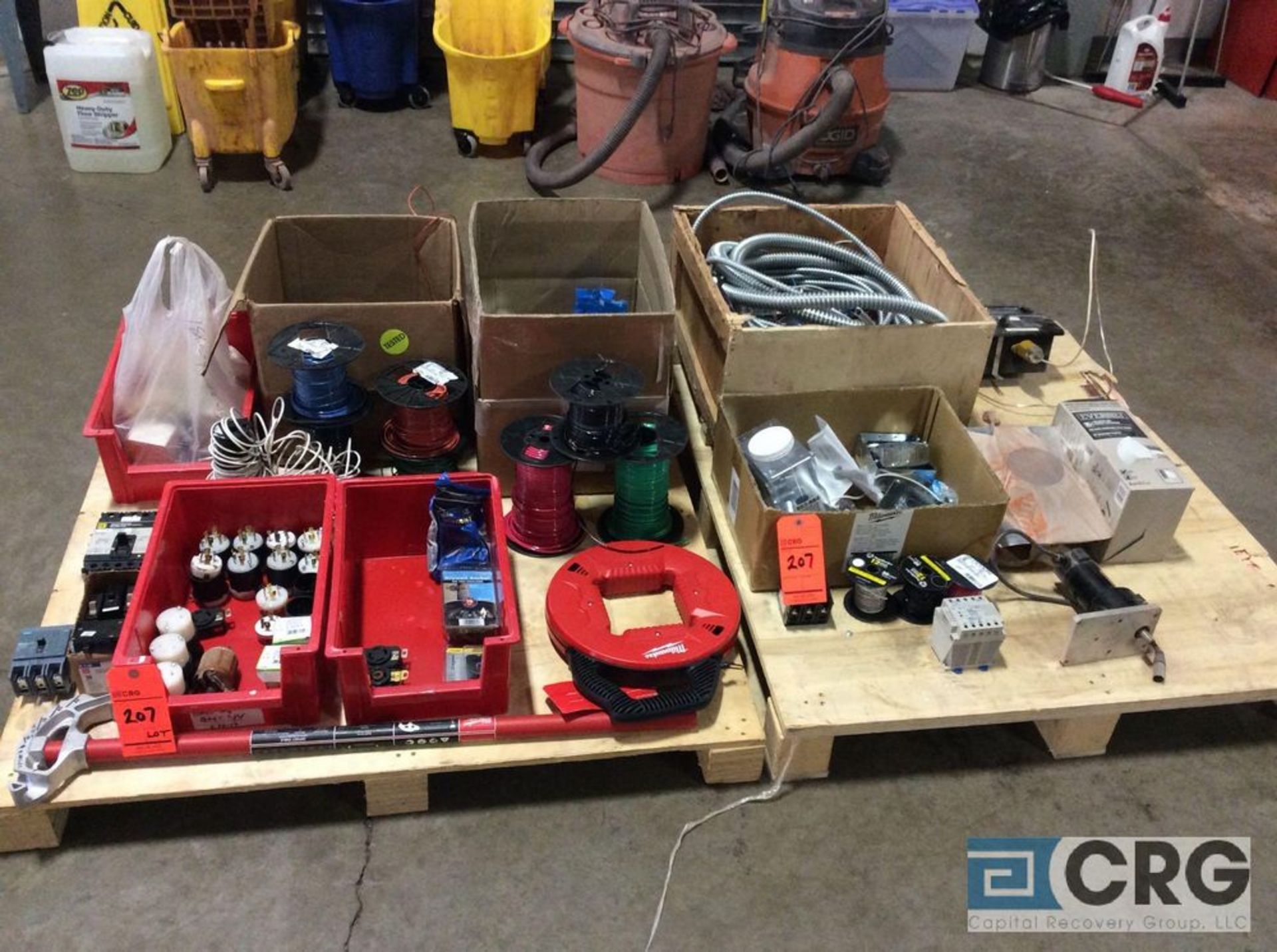Lot of asst electrical supplies including spool wire, fish tape, bender, plugs, flex tube and boxes.