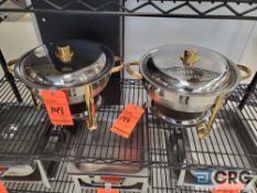 Lot of (2) stainless steel round chafing dishes with brass accents