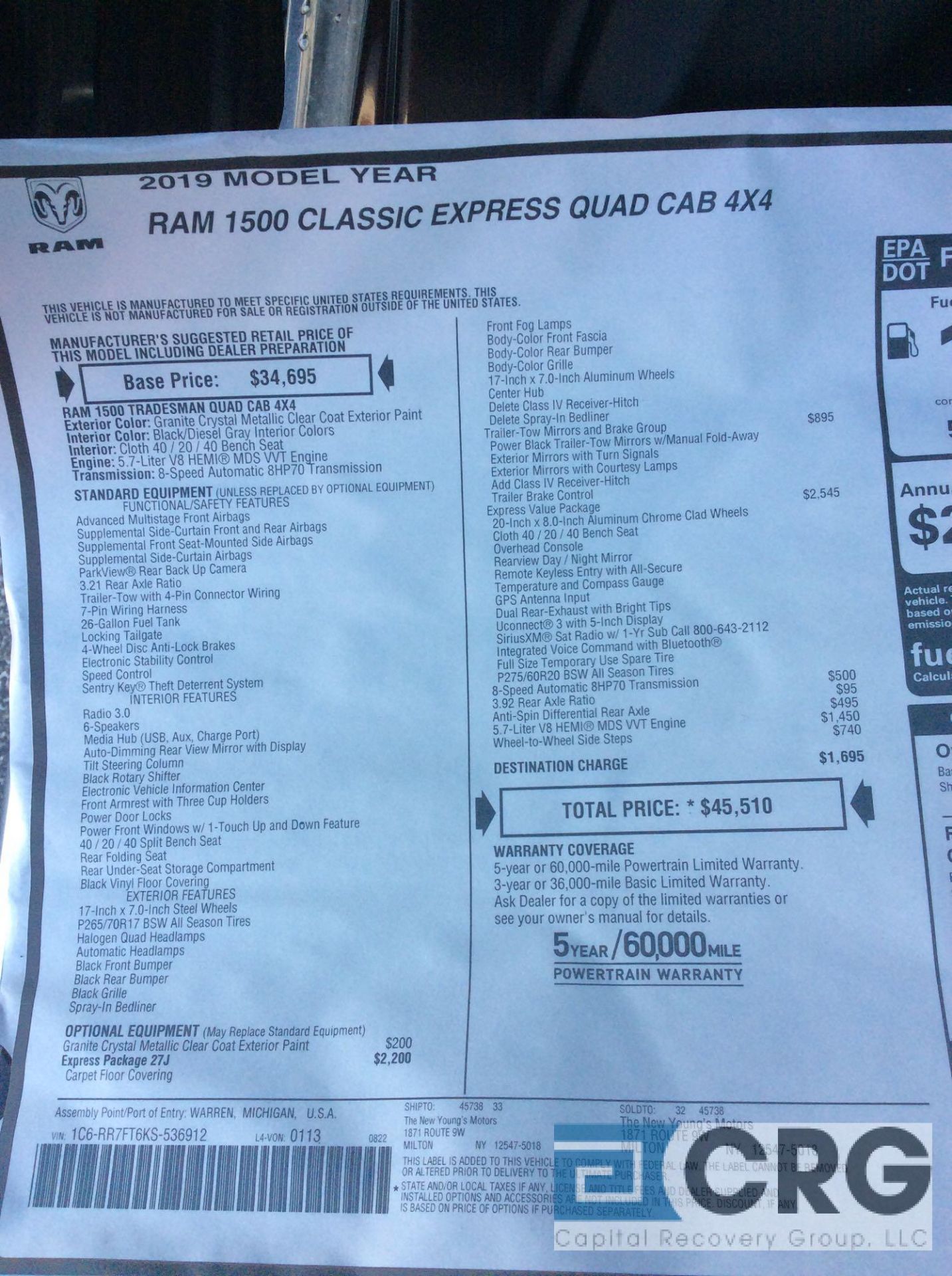 2019 Ram 1500 CLASSIC EXPRESS QUAD CAB 4X4, AT, 5.7 liter HEMI V-8 engine, back up camera, trailer - Image 10 of 11