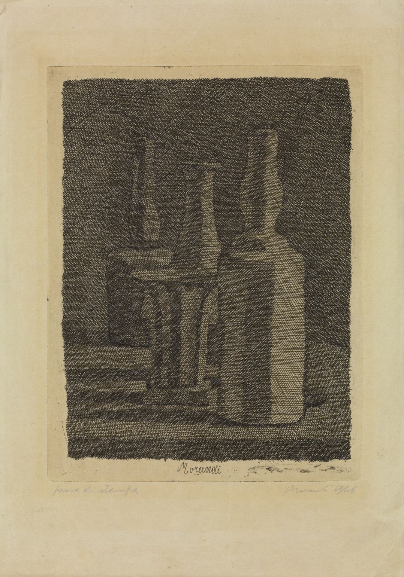 GIORGIO MORANDI Natura morta con vasetto e tre bottiglie.