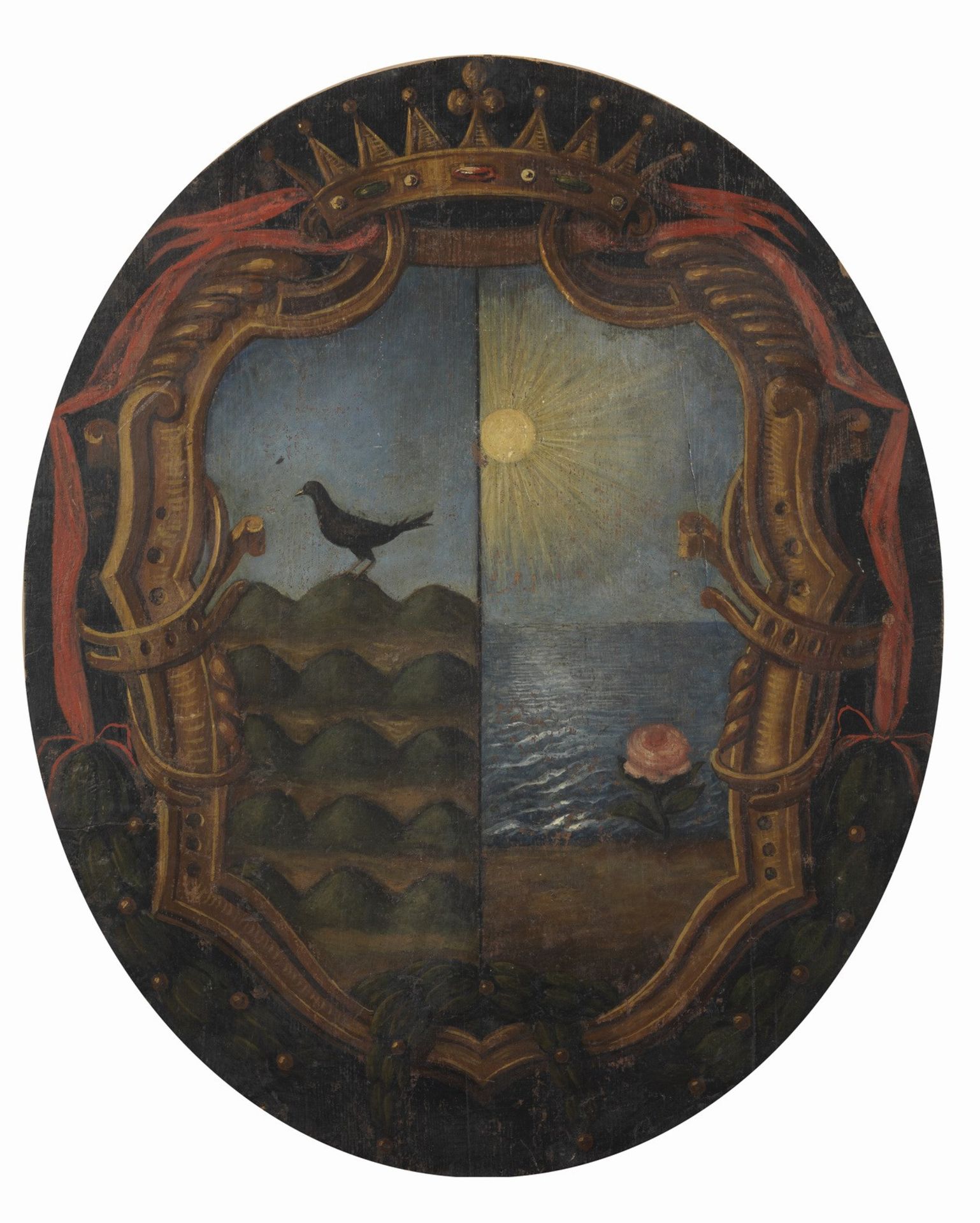 ARTISTA DEL XVII SECOLO Heraldic emblem on oval table. .