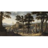 ARTISTA FRANCESE DEL XVIII SECOLO Landscape with ruins and figures at a river.