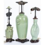 3 Celadon Vessels Mounted as Lamps