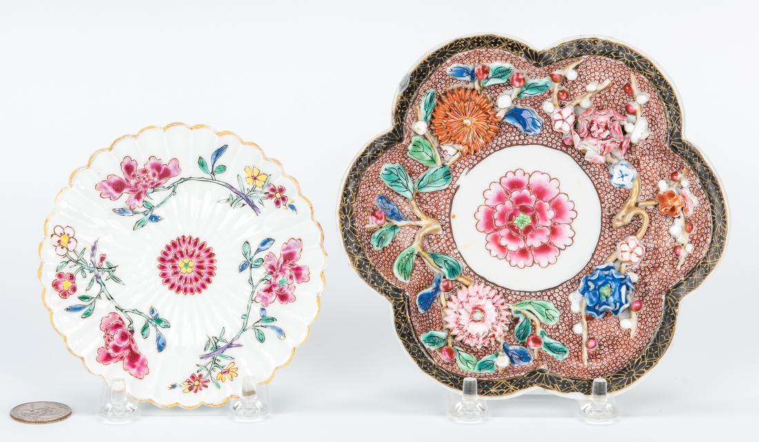 2 Yongzheng Famille Rose Saucers, Relief Decoration