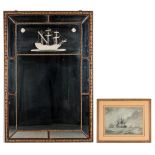 English School Watercolor of Masted Ships & Mirror w/ Etched Ship