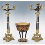 Pr. of Gilt Bronze Candelabra & Tole Centerpiece Basket