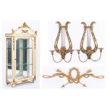 Neoclassical Style Hanging Curio Cabinet, w/ Sconces & Gilt Arrow