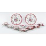 17 Famille Rose cups, saucers, pink borders