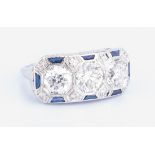 Art Deco Diamond Sapphire 3-stone Ring