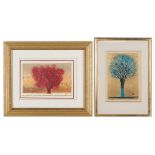 2 Joichi Hoshi Colored Woodblocks of Trees