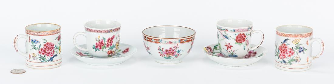 7 Famille Rose Porcelain Tea Cups, Saucers