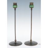Pair of Tiffany Studios Bronze & Glass "Puddle" Candlesticks