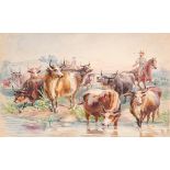 Louis Maurer Watercolor of Cows and Horsemen