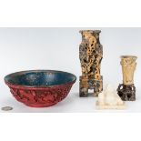 3 Carved Hardstone Items & 1 Cinnabar Bowl