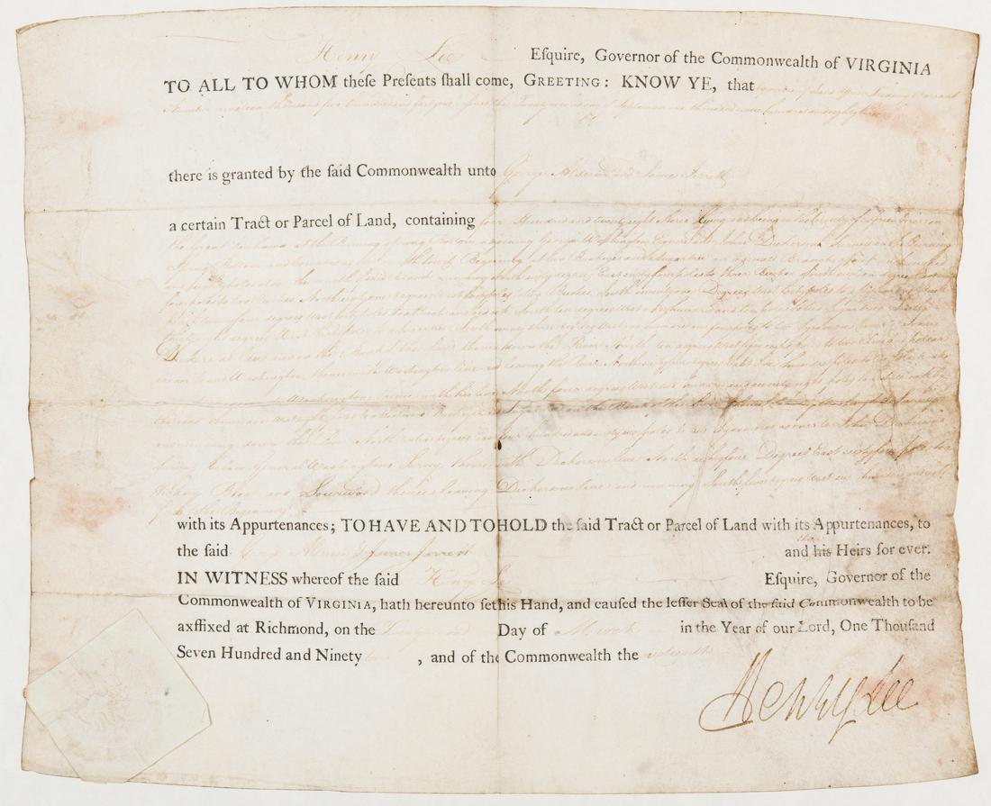 Governor Henry Lee Signed Land Grant, 1792