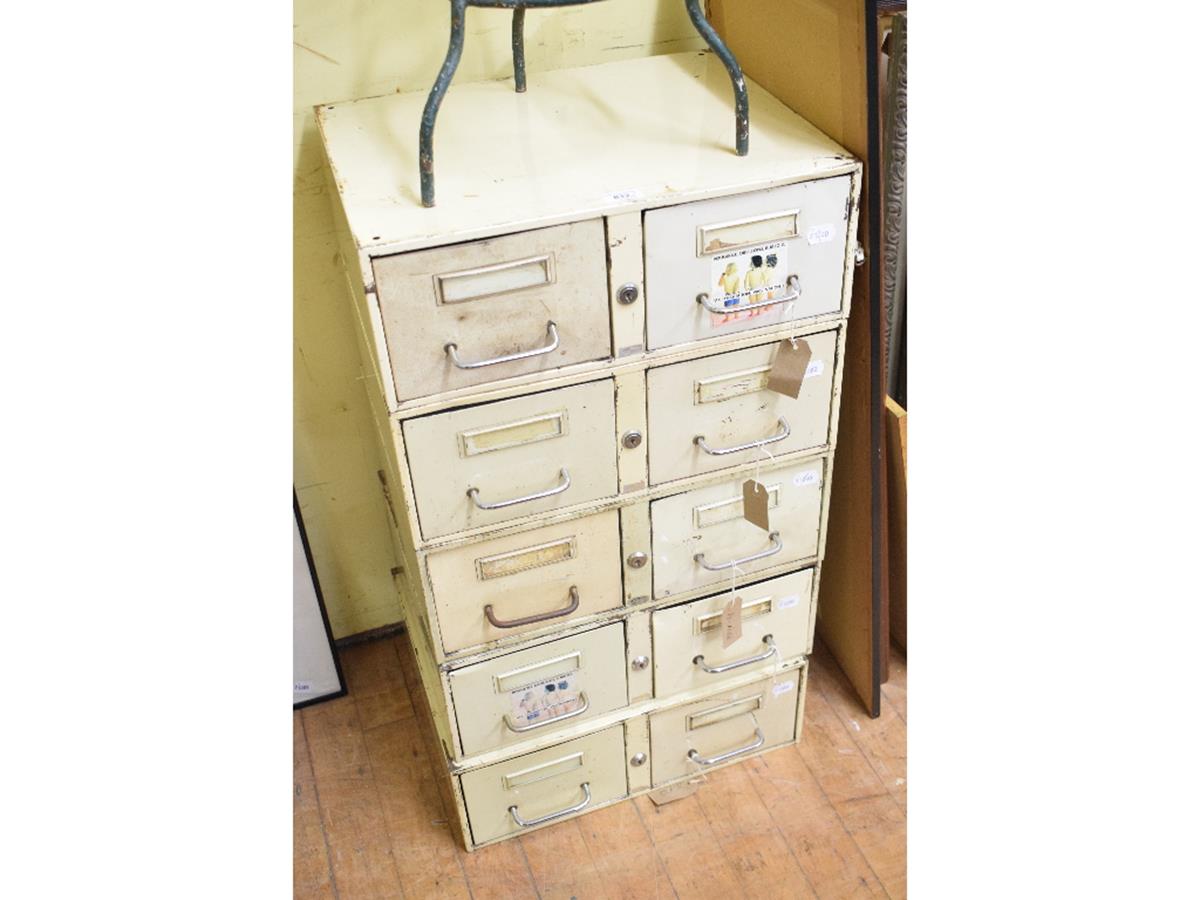 Five pairs of metal drawers, from a pharmacy, 49 cm wide (5)