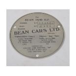 A Bean Cars Ltd 14/40 HP chassis plate, No B49584, body number K178