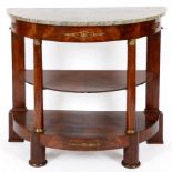 A French D shaped mahogany console table, with gilt metal mounts, the marble top above two tiers,