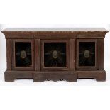 A 19th century painted wood breakfront side cabinet, with a faux marble top, with wirework doors,