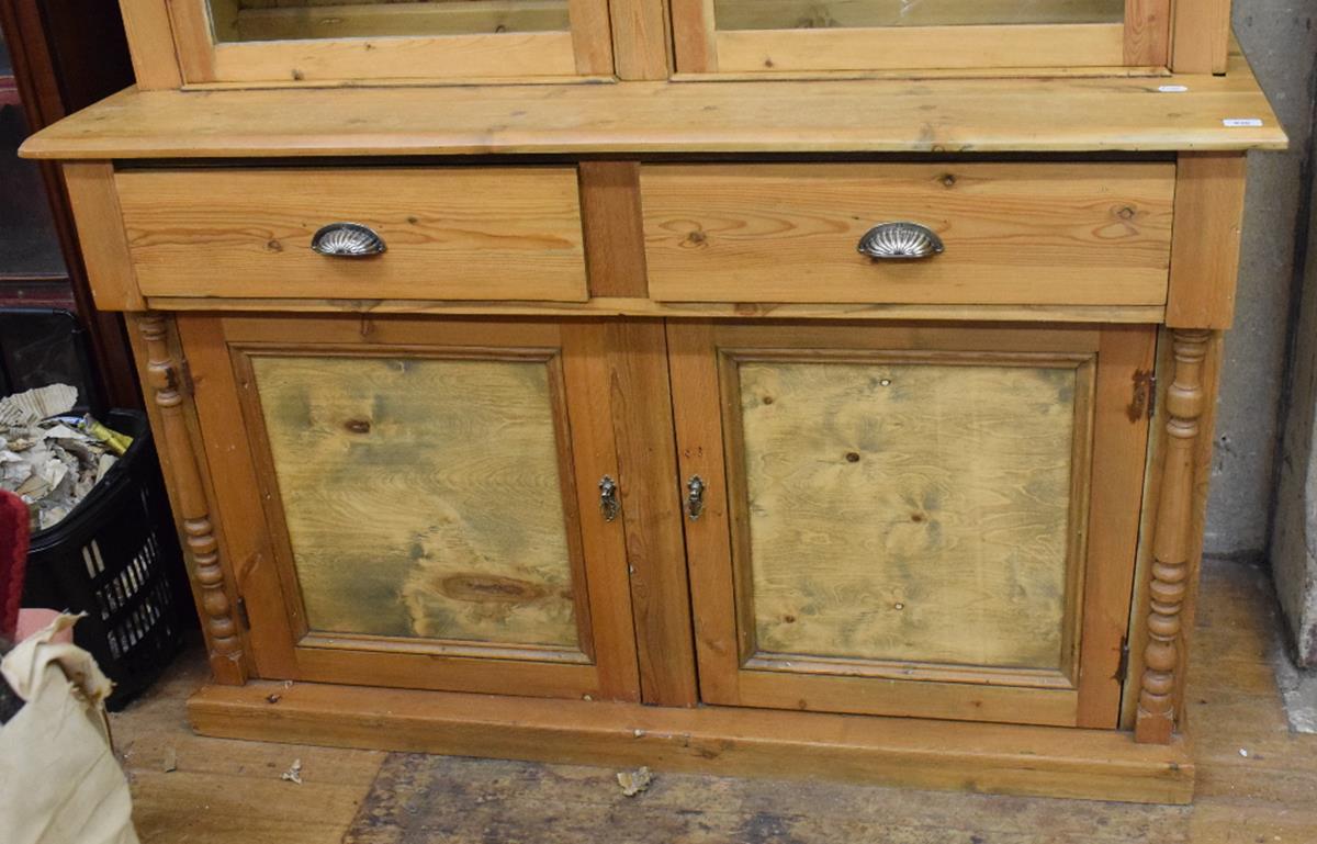 A pine kitchen dresser, with a pair of glazed doors above two frieze drawers and a pair of panel - Image 3 of 4