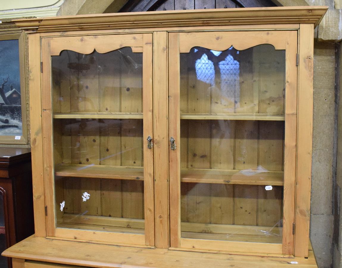 A pine kitchen dresser, with a pair of glazed doors above two frieze drawers and a pair of panel - Image 4 of 4