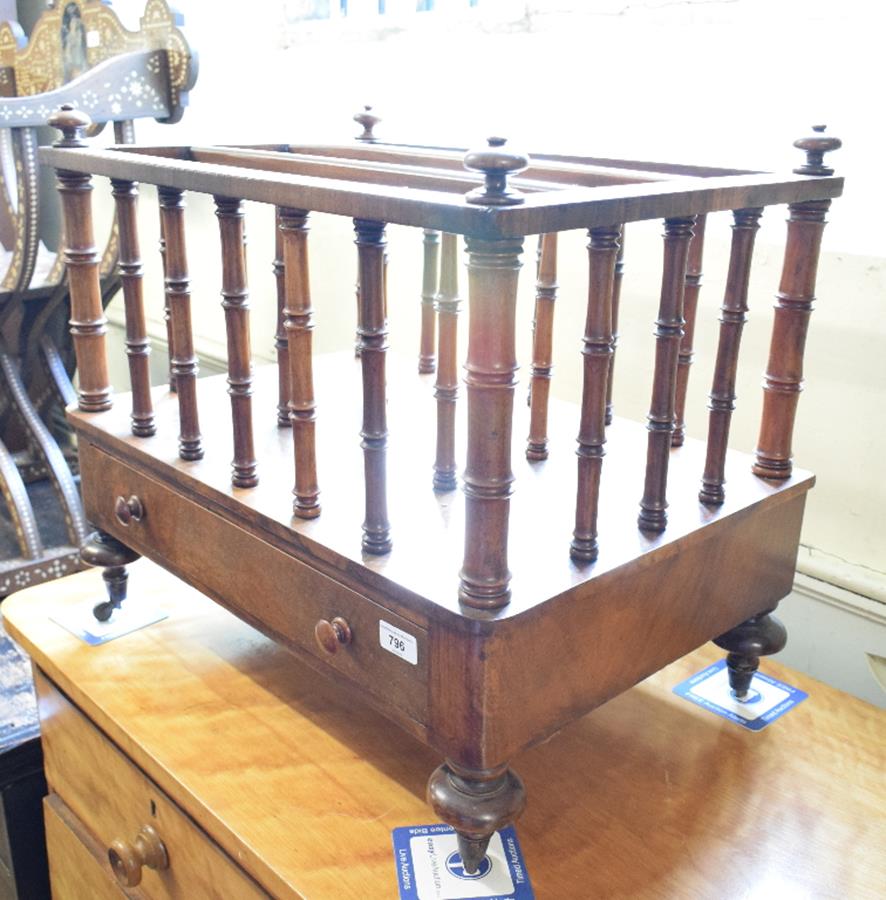 A Victorian walnut canterbury, with turned divisions, and a drawer, 60 cm wide