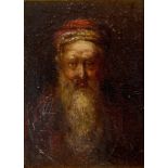 Manner of Rembrandt Van Rijn, a bust portrait of a bearded man wearing a red cap, oil on panel, 14 x