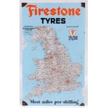 An enamel advertising sign, Firestone Tyres with pictorial image of England and Wales, 123 x 73 cm