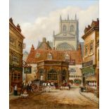 William Wilson (?), a view of Sherborne Abbey and the Conduit from Long Street, oil on canvas,