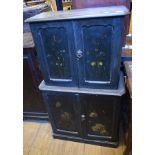 A Victorian ebonised collector's cabinet, with painted decoration, the top part having a pair of
