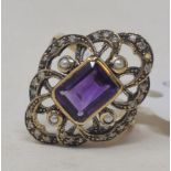 A 9ct gold, amethyst, pearl and diamond ring, approx. ring size Q Modern