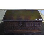An 18th century carved oak bible box, 58 cm wide See illustration Report by RB Top split