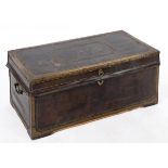 An early 19th century leather mounted trunk, with brass mounts, 91 cm wide See illustration