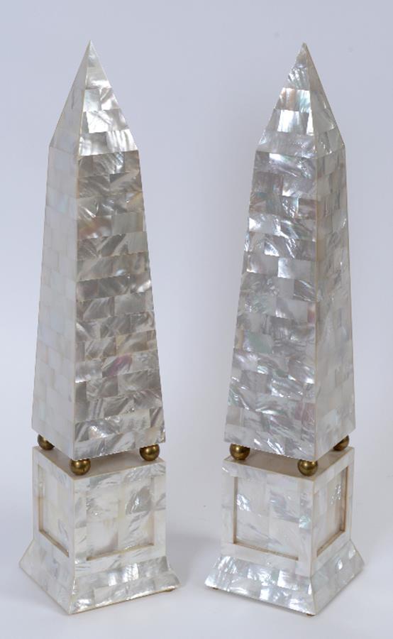 A pair of marble obelisks, covered with mother of pearl, 54 cm high (2)