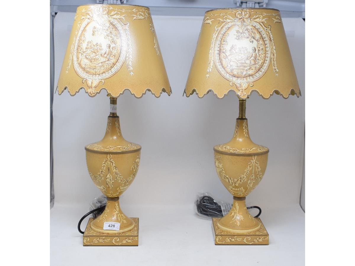 A pair of vase shaped table lamps and shades, with painted decoration Modern