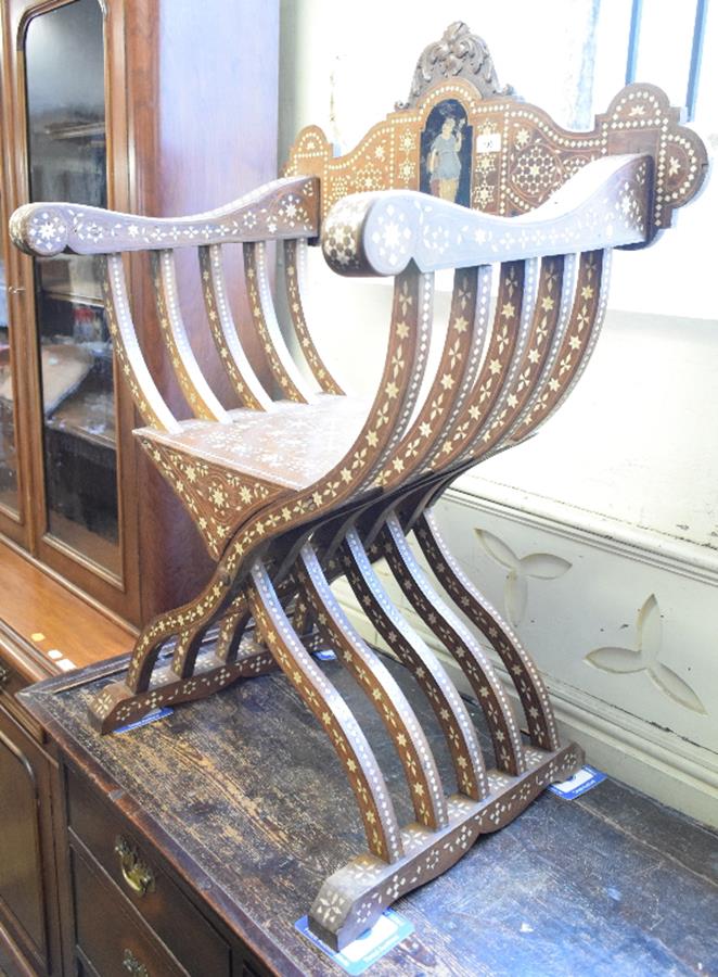 An Italian Savranola chair, the splat decorated a classical figure, and inlaid with bone