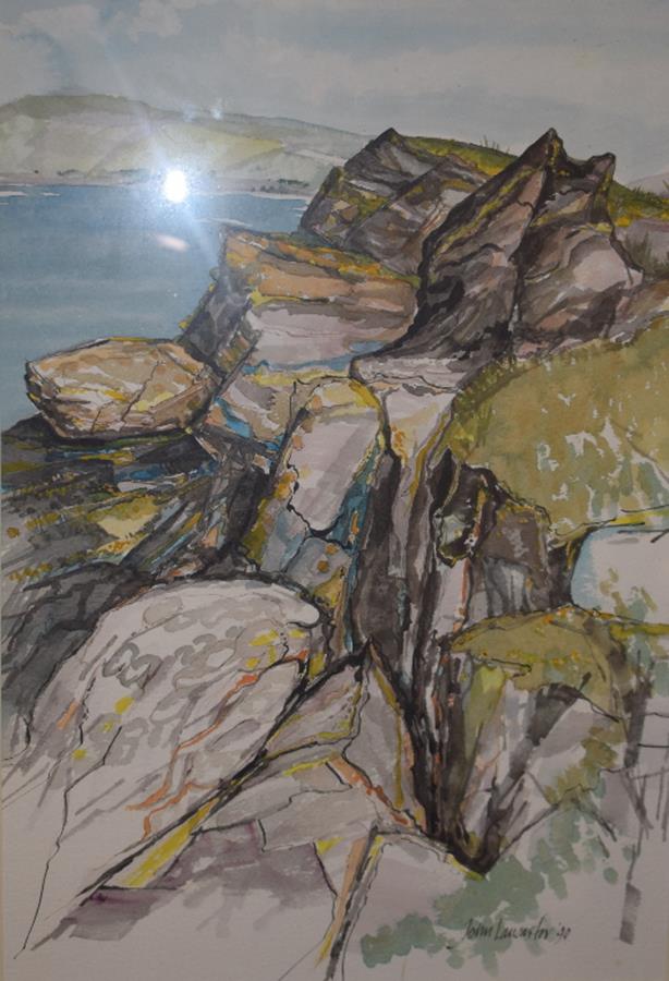 John Lancaster, coastal rocks, watercolour, signed and dated 90, 50 x 34 cm