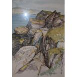 John Lancaster, coastal rocks, watercolour, signed and dated 90, 50 x 34 cm