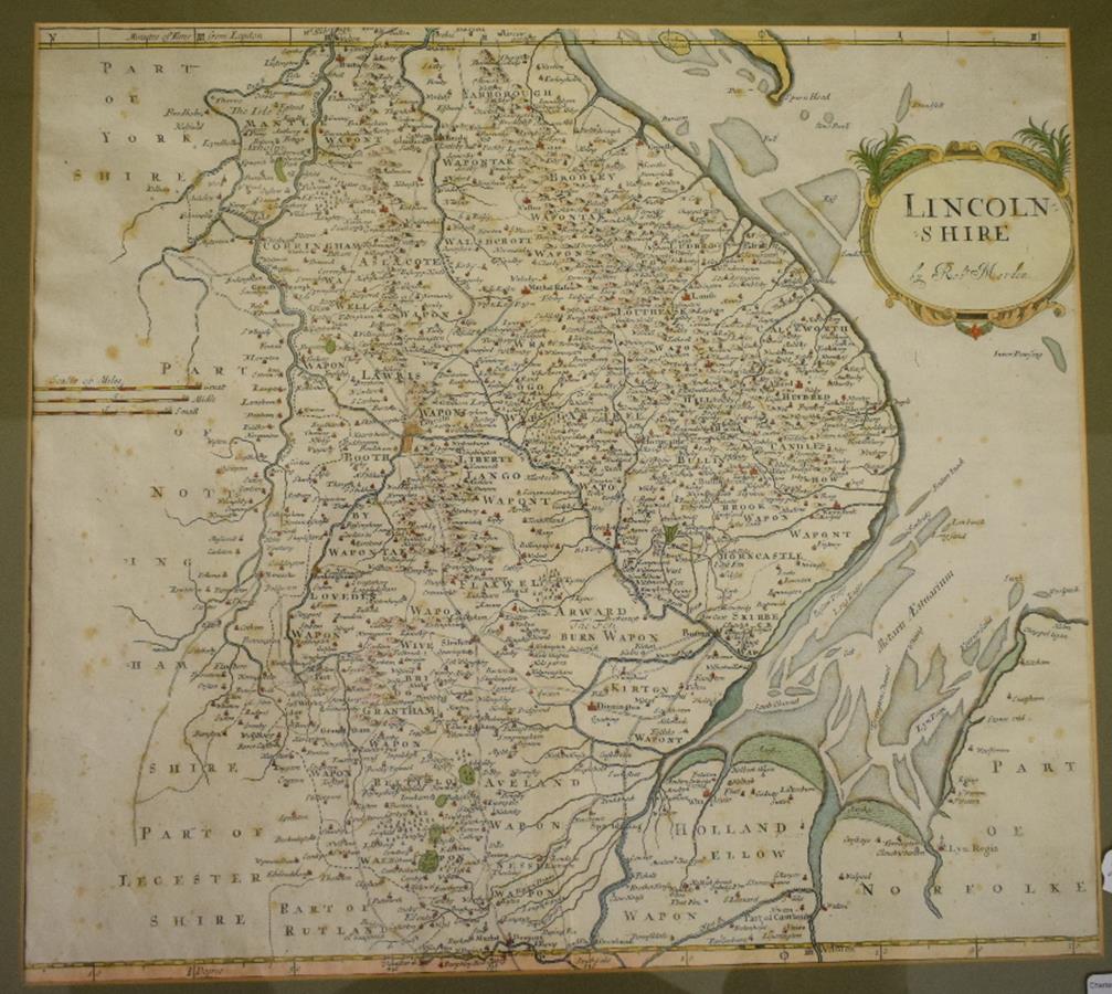 Lincolnshire. A Robert Morden tinted map, Lincolnshire, 36 x 40.5 cm, and a Robert Morden tinted