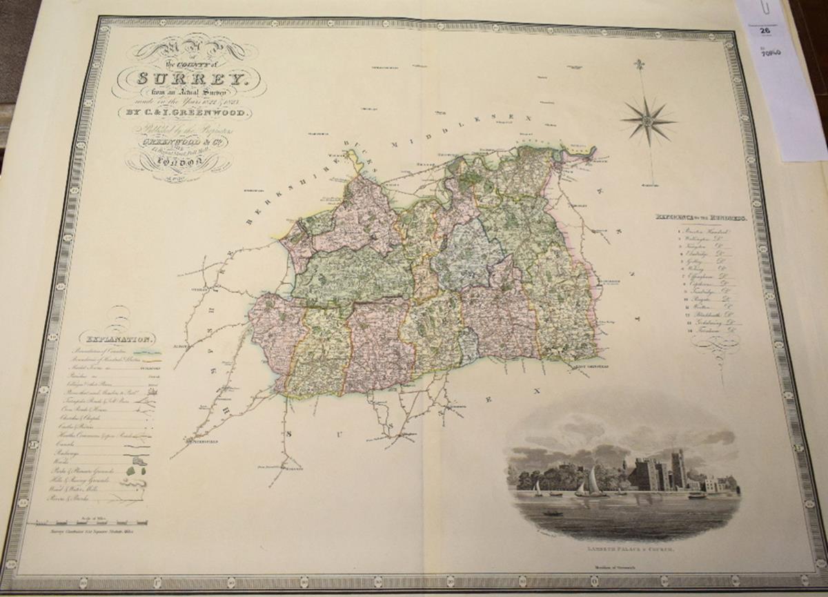 Surrey. A C & I Greenwood coloured map, Map of the County of Surrey from an Actual Survey made in