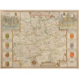 Surrey. A John Speed coloured and red ruled map, Surrey Described And Divided Into Hundreds, with