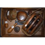 A wooden ships pulley, and other items (box)