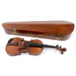 A violin, with a 14 1/4" two piece back, with a bow, in a wooden violin case See illustration Report