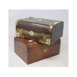 A coromandel wood sewing box, with applied brass and ivory decoration, 27.5 cm wide, and another