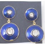 A pair of 9ct gold, silver and enamel drop earrings, each disc set an old cut diamond Modern