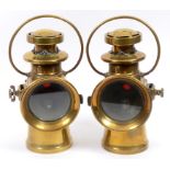 A pair of Brown Bros Ltd Veena veteran era brass headlamps, with carrying bales, side mounted