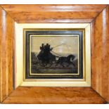 A silhouette, of a horse drawn carriage, 8.5 x 10 cm, in a maple frame
