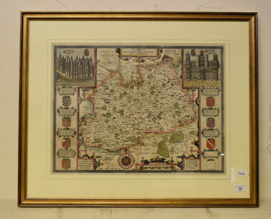 Surrey. A John Speed coloured map, Surrey Described And Divided Into Hundreds, with vignettes of - Image 2 of 3