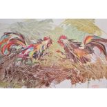 Luther Isho, cock fighting, oil on canvas, indistinctly signed in Arabic and English and dated 2010,