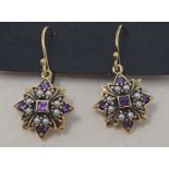 A pair of 9ct gold, amethyst and pearl drop earrings Modern